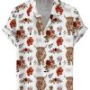 Men DJ Shirts | Cute Highland Cattle Floral Print Casual Hawaiian Short Sleeve Shirt White