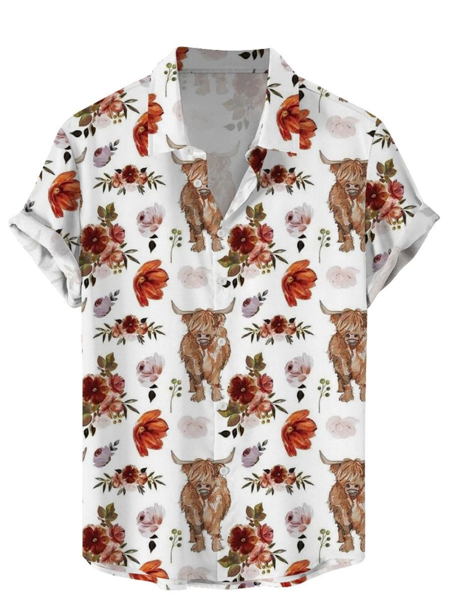 Men DJ Shirts | Cute Highland Cattle Floral Print Casual Hawaiian Short Sleeve Shirt White