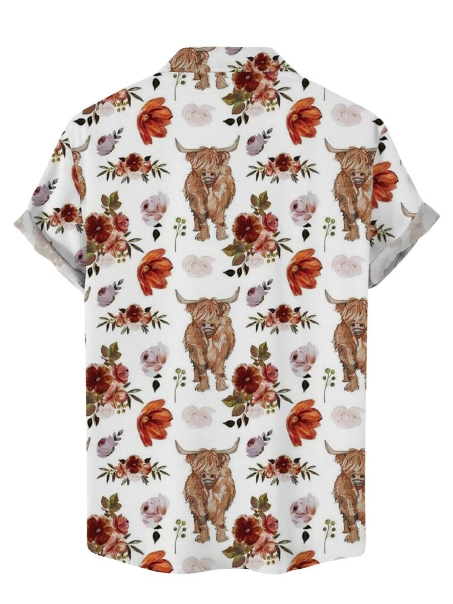 Men DJ Shirts | Cute Highland Cattle Floral Print Casual Hawaiian Short Sleeve Shirt White