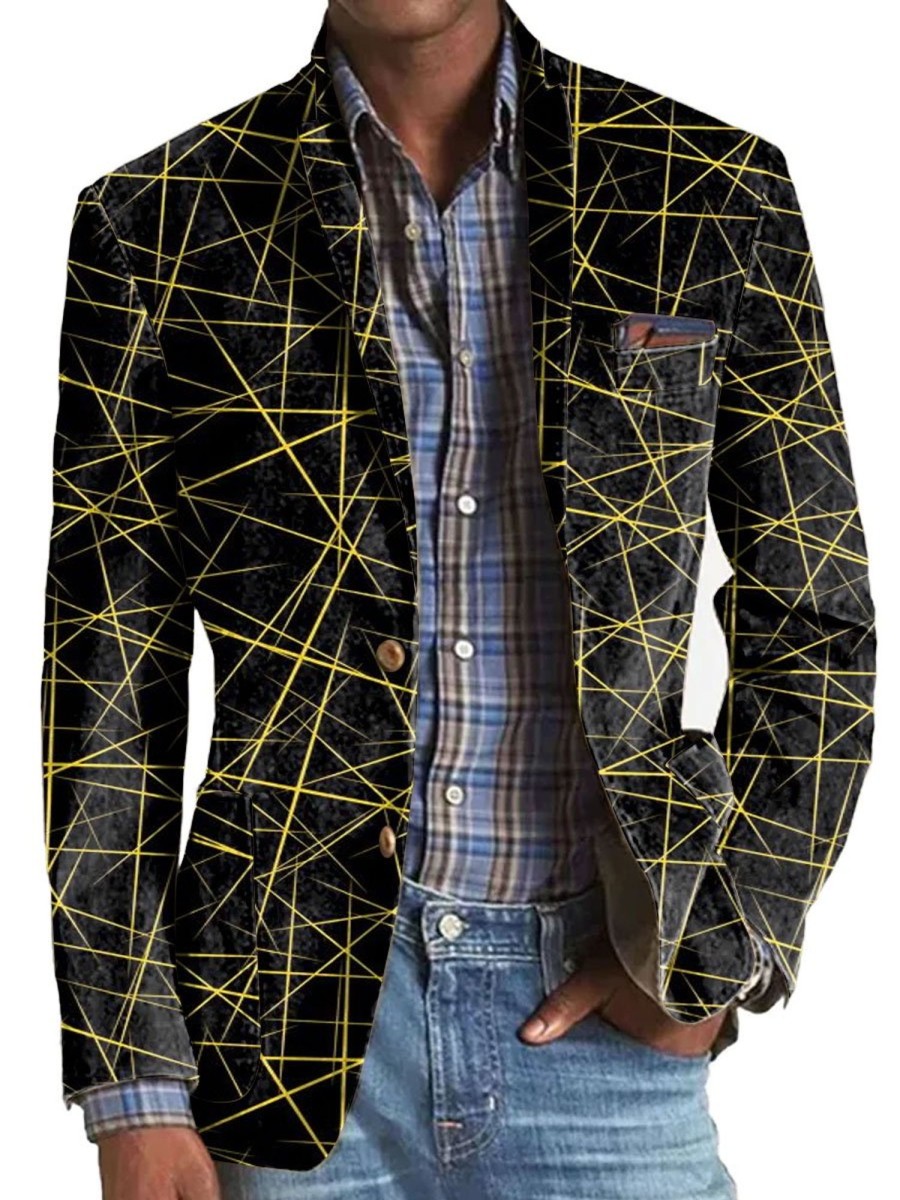 Men DJ Print Jacket | Retro Gold Line Printed Lapel Three Pocket Casual Blazer Black