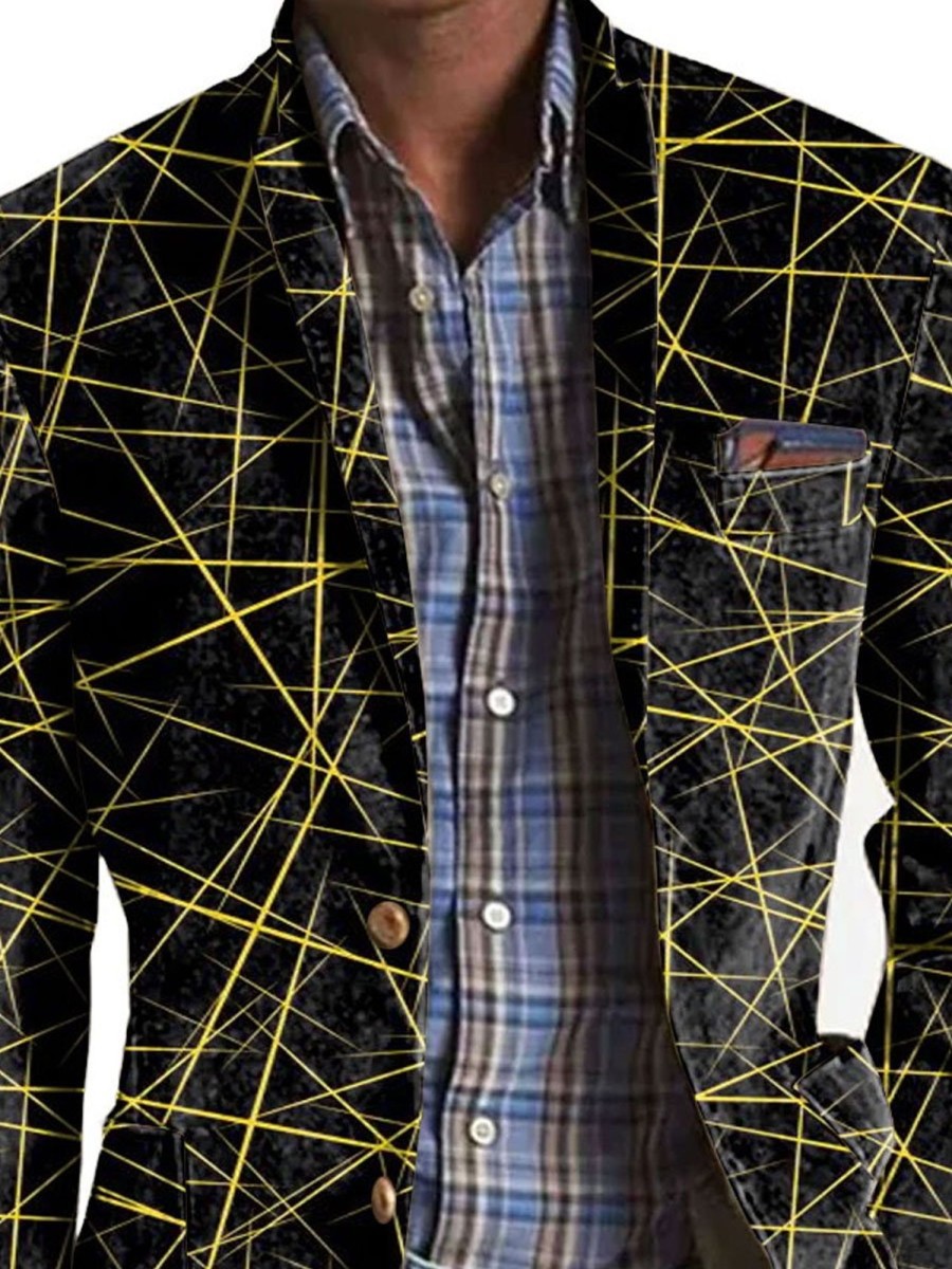 Men DJ Print Jacket | Retro Gold Line Printed Lapel Three Pocket Casual Blazer Black