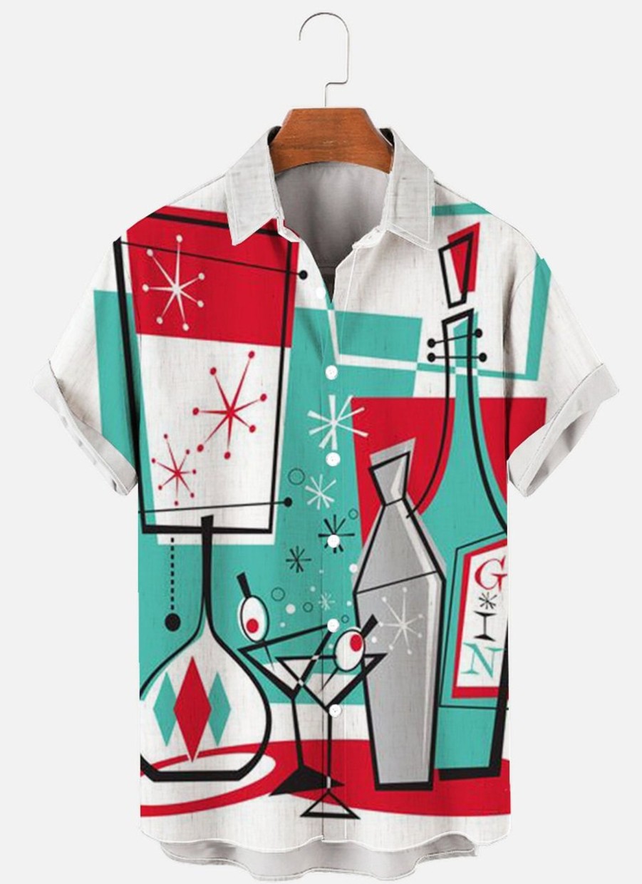 Men XT Shirts | Men'S Creative Wine Glass Print Short Sleeve Shirt Red