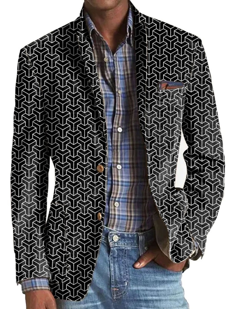 Men BXL Print Jacket | Men'S Retro Geometric Print Casual Pocket Blazer Black