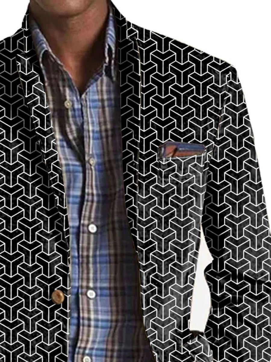 Men BXL Print Jacket | Men'S Retro Geometric Print Casual Pocket Blazer Black