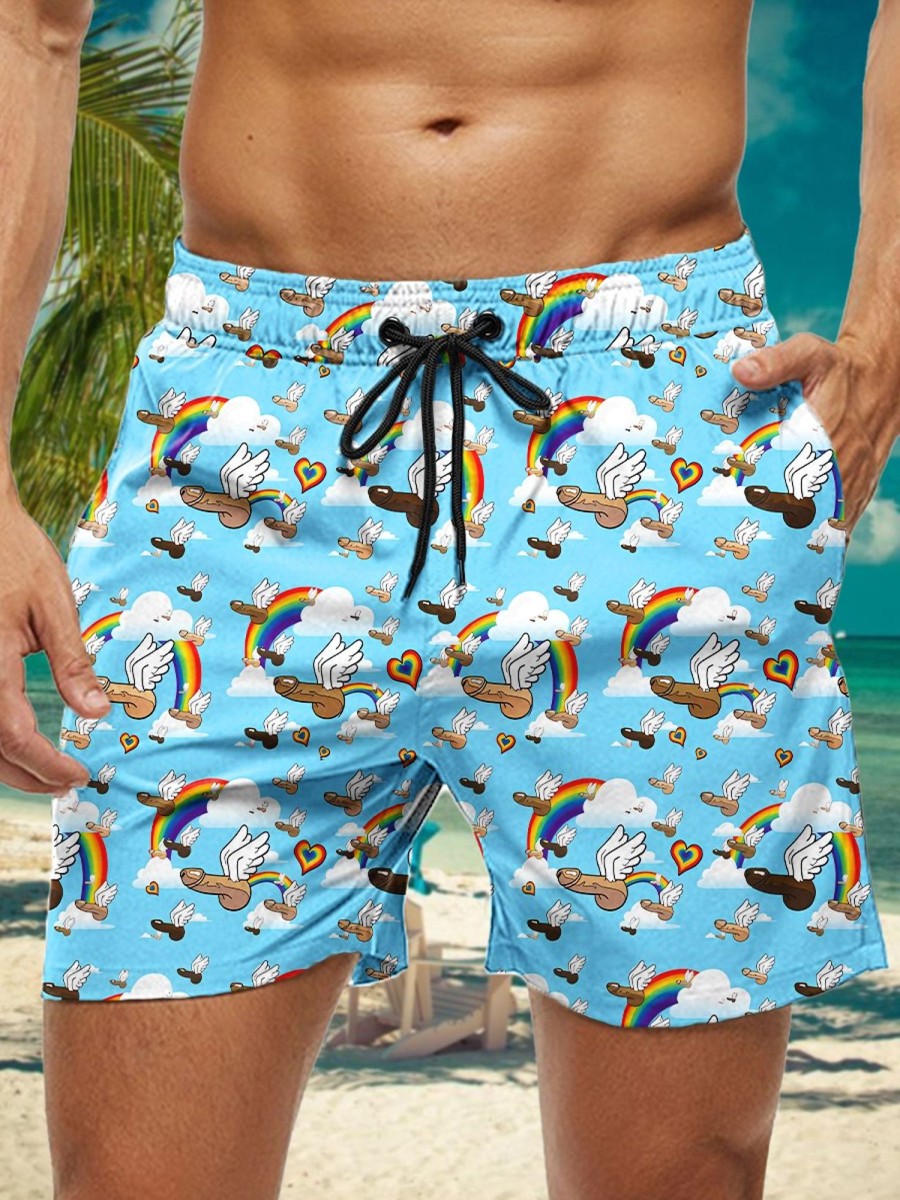 Men HWT Shorts | Men'S Shorts Funny Rainbow Flying Cloud Cock Print Beach Shorts Blue