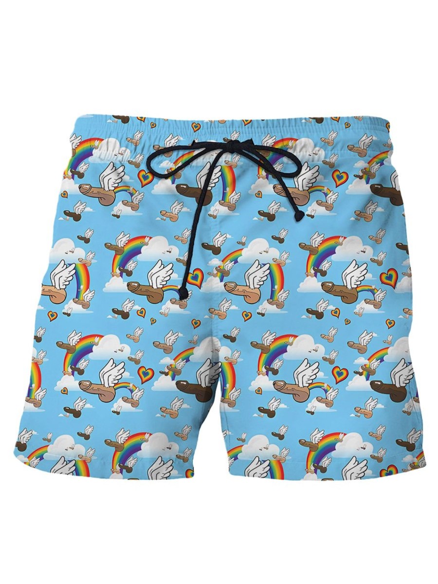 Men HWT Shorts | Men'S Shorts Funny Rainbow Flying Cloud Cock Print Beach Shorts Blue