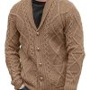 Men DJ Cardigan | Vintage Solid Color Lapel Double Pocket Cable Knit Cardigan Brown