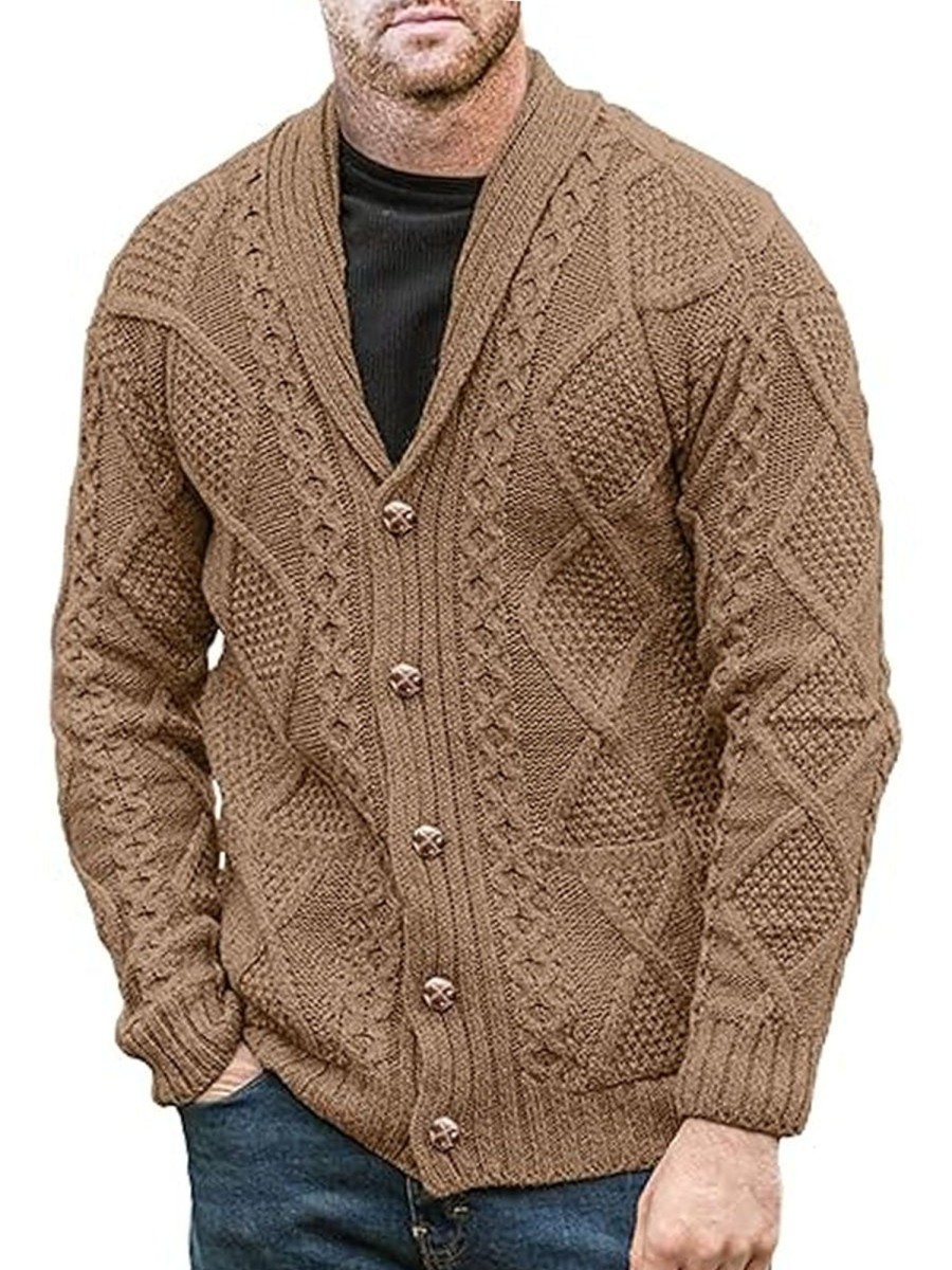 Men DJ Cardigan | Vintage Solid Color Lapel Double Pocket Cable Knit Cardigan Brown