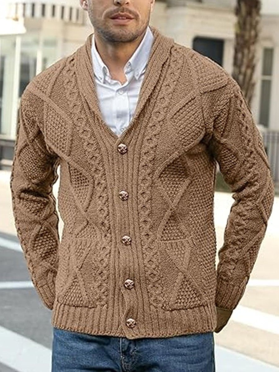 Men DJ Cardigan | Vintage Solid Color Lapel Double Pocket Cable Knit Cardigan Brown