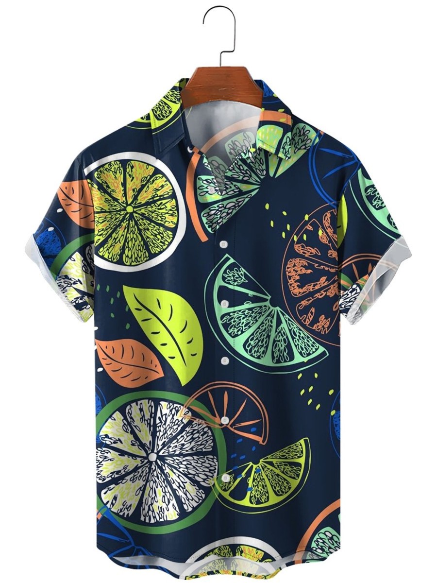 Men HLJ Shirts | Fancy Lemon Print Hawaiian Short Sleeve Shirt Dark Blue