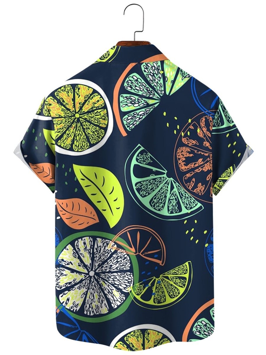 Men HLJ Shirts | Fancy Lemon Print Hawaiian Short Sleeve Shirt Dark Blue