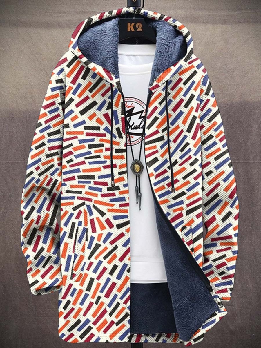 Men DJ Jacket | Vintage Color Block Print Pocket Hooded Fleece Cardigan Photo Color