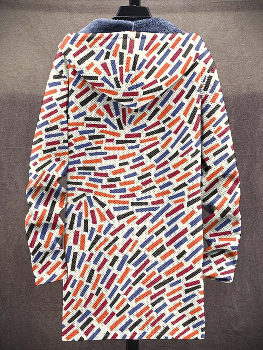 Men DJ Jacket | Vintage Color Block Print Pocket Hooded Fleece Cardigan Photo Color