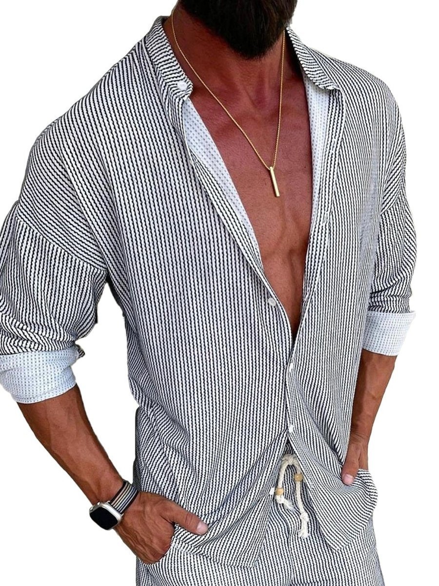 Men QMY Casual Long Sleeve Shirts | Fashionable Casual Striped Long Sleeve Shirt Photo Color