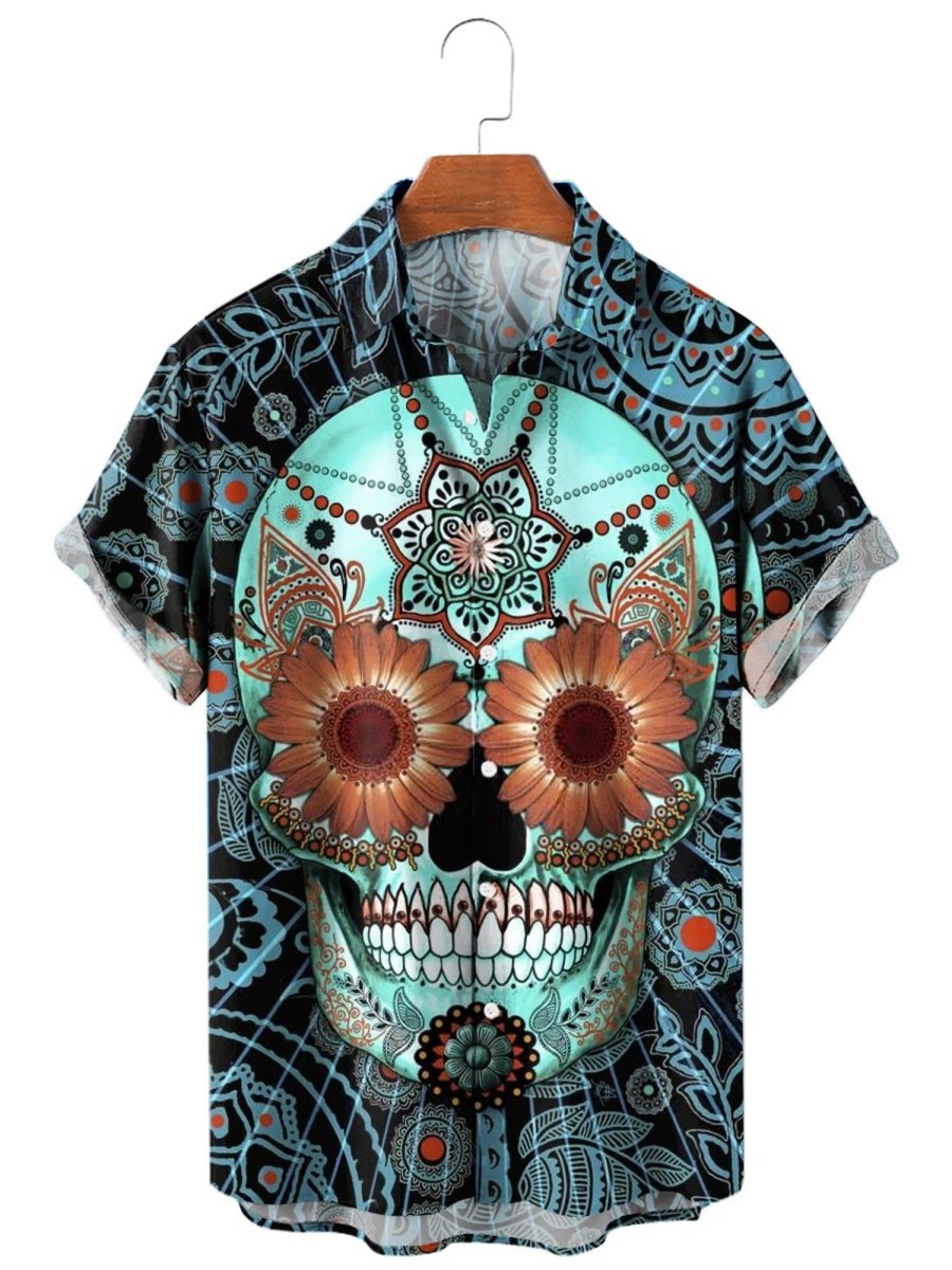 Men HLJ Shirts | Men'S Sugar Skull Caribbean Short Sleeve Shirt Blue