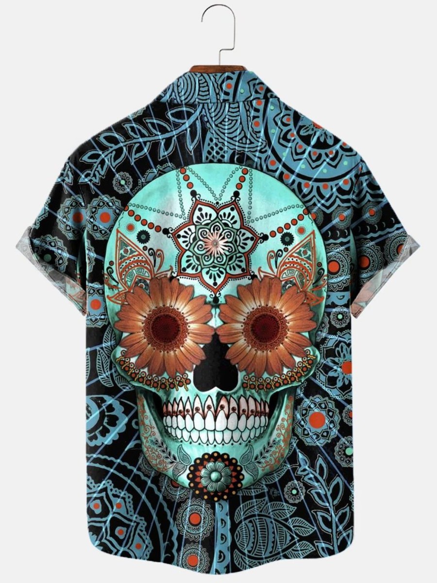 Men HLJ Shirts | Men'S Sugar Skull Caribbean Short Sleeve Shirt Blue