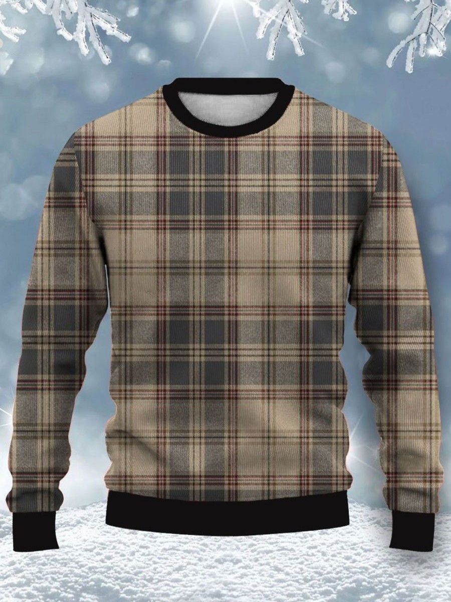 Men BXL Ugly Sweater | Men'S Crew Neck Casual Loose Plaid Print Sweatshirt 73008139Xl Brown