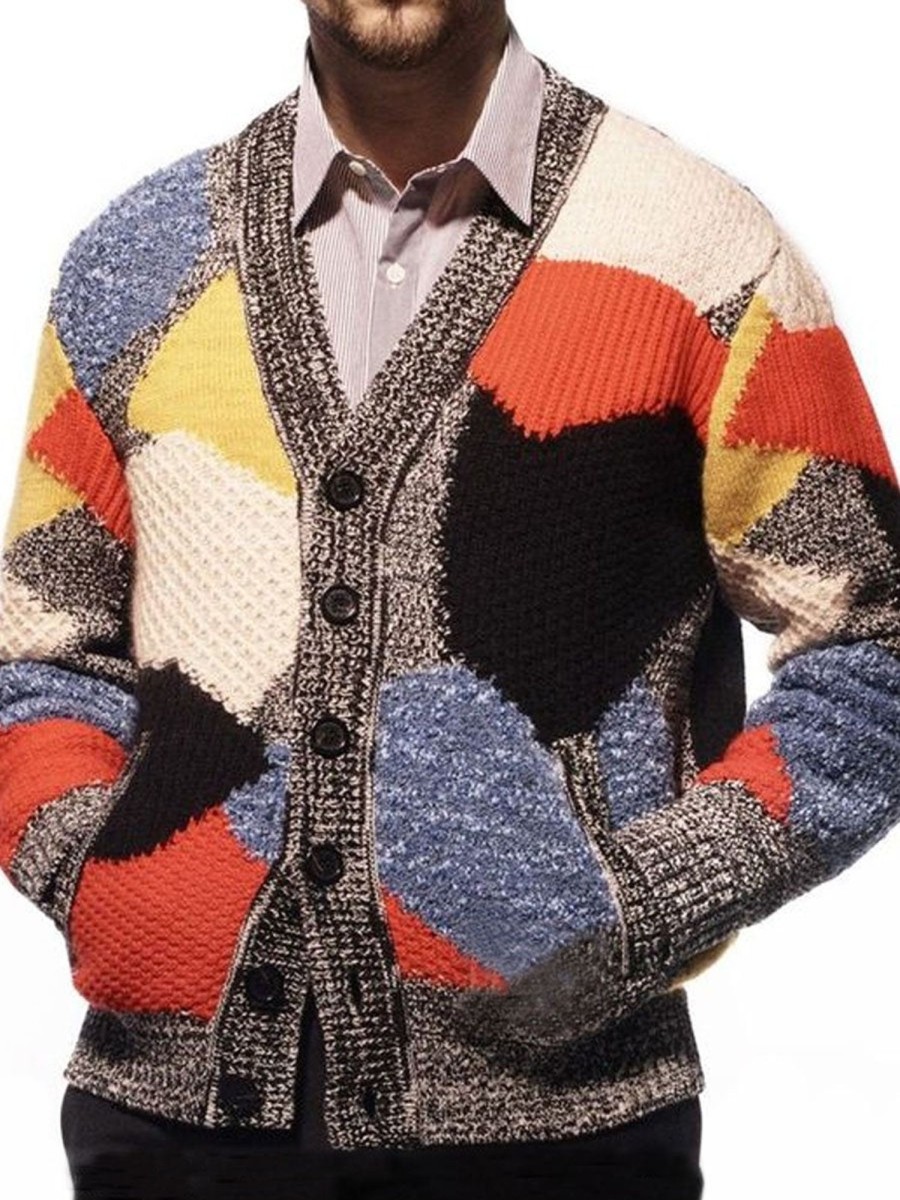 Men DJ Cardigan | Retro Multicolor Ethnic Jacquard Pocket Lapel Knitted Cardigan Photo Color