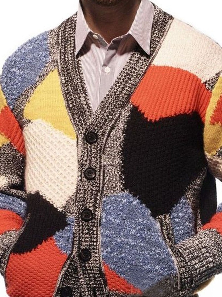 Men DJ Cardigan | Retro Multicolor Ethnic Jacquard Pocket Lapel Knitted Cardigan Photo Color