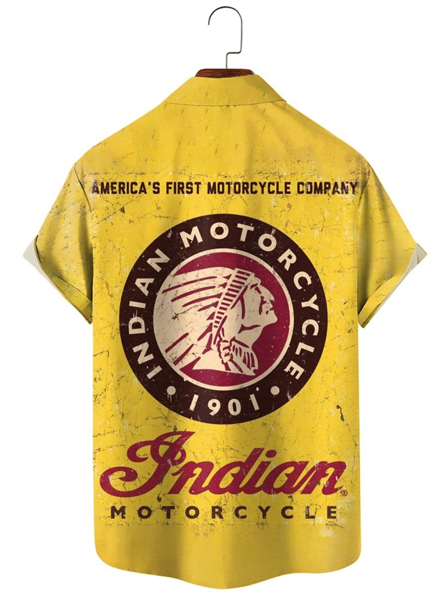 Men HLJ Shirts | Indian Desperate Enterprise Motorcycle Print Casual Short Sleeve Shirt Yellow