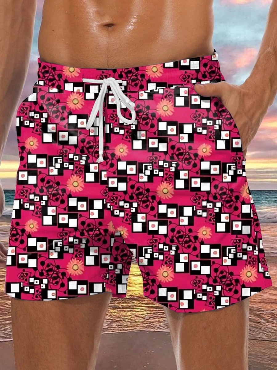 Men LJC Shorts | Square Floral Print Hawaiian Track Shorts Photo Color