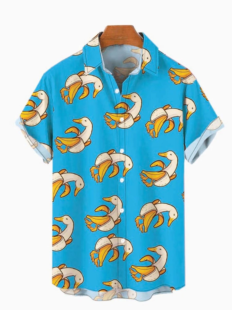 Men DJ Shirts | Fantasy Cartoon Banana Duck Printing Short Sleeve Shirt Blue