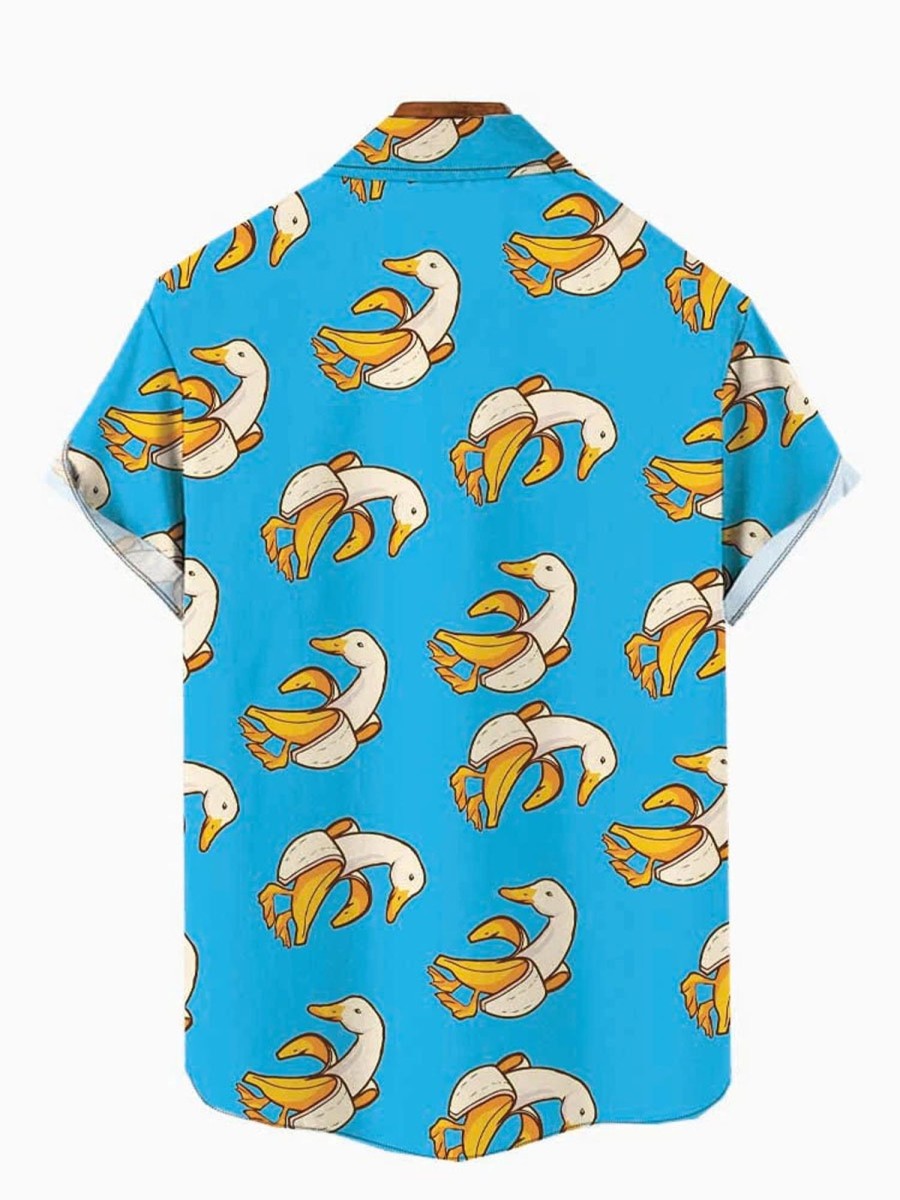 Men DJ Shirts | Fantasy Cartoon Banana Duck Printing Short Sleeve Shirt Blue