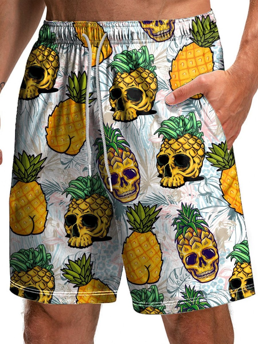 Men HLJ Shorts | Hawaiian Breathable Pineapple Skull Beach Shorts White