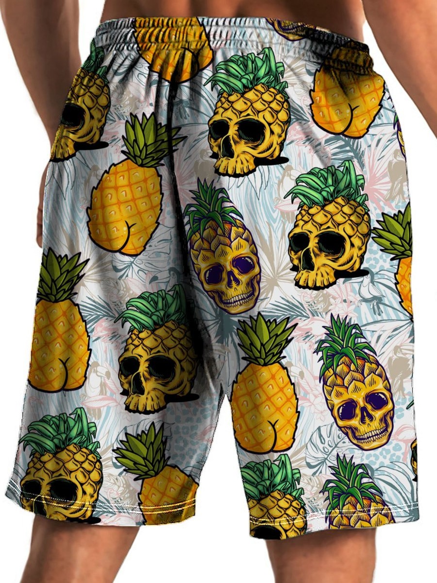 Men HLJ Shorts | Hawaiian Breathable Pineapple Skull Beach Shorts White