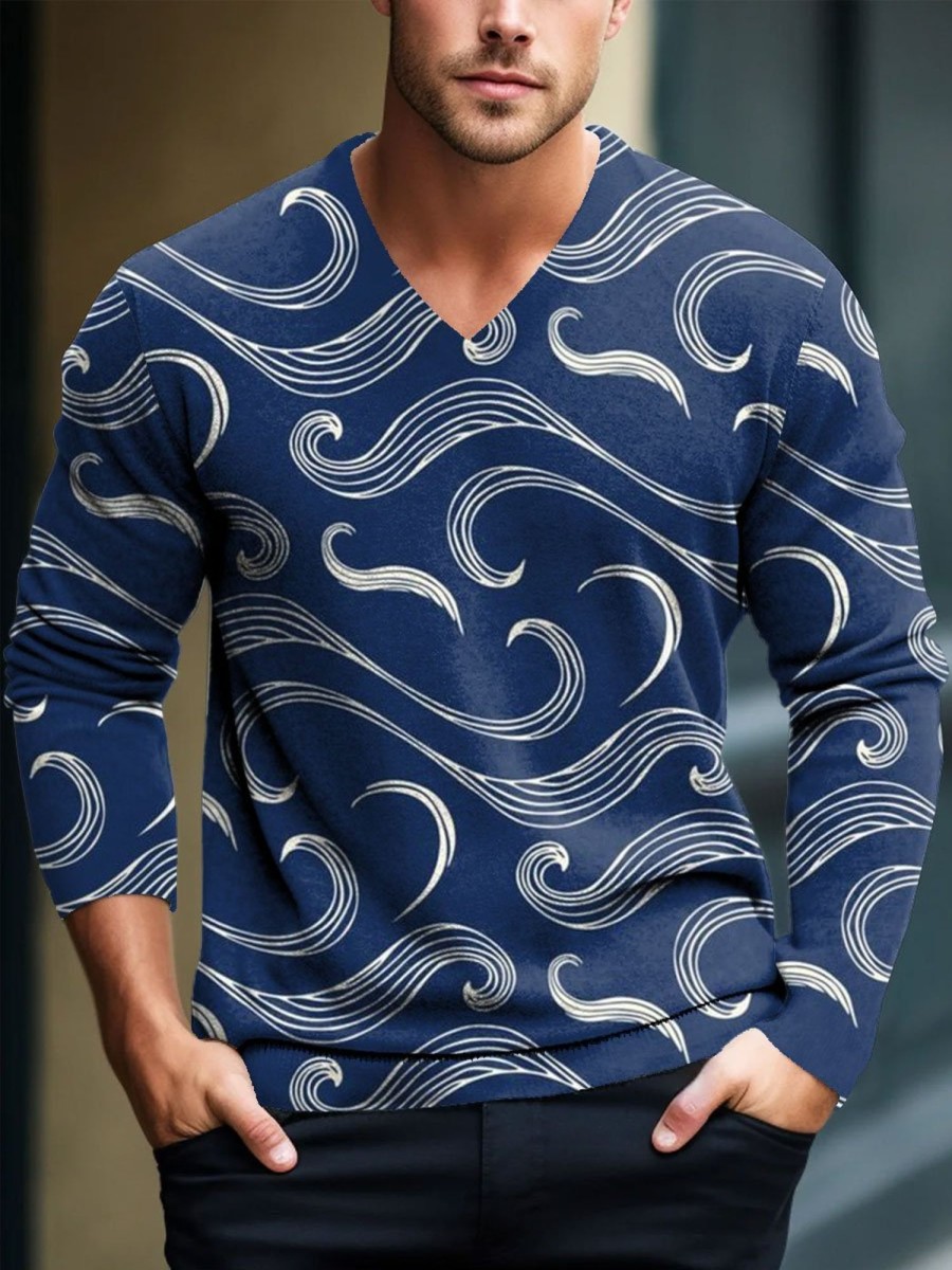 Men BXL Print Sweater | Men'S Casual Loose Wave Print Pullover Knitted V-Neck Sweater Blue