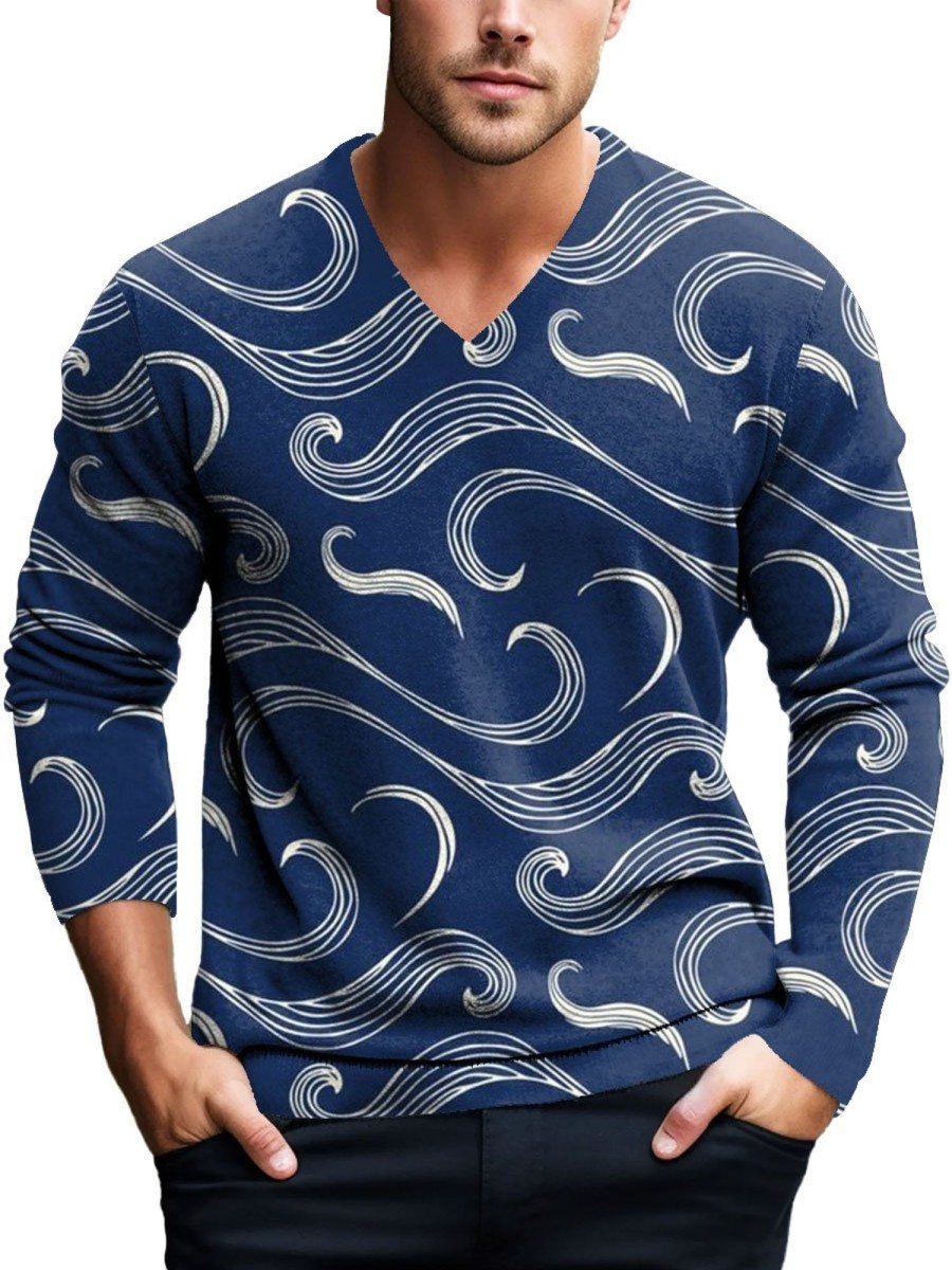 Men BXL Print Sweater | Men'S Casual Loose Wave Print Pullover Knitted V-Neck Sweater Blue