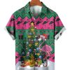 Men HLJ Shirts | Flamingo Christmas Tree Print Casual Short Sleeve Shirt Green