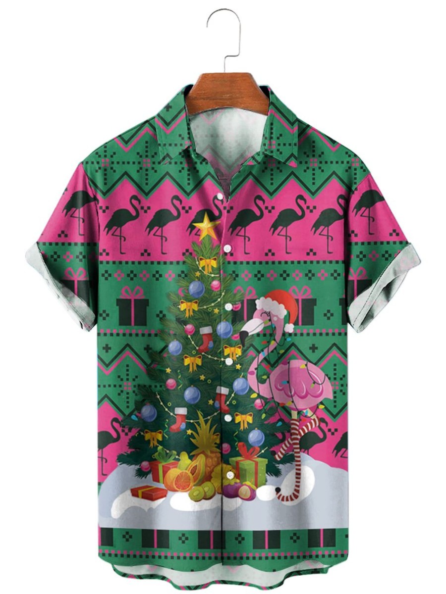 Men HLJ Shirts | Flamingo Christmas Tree Print Casual Short Sleeve Shirt Green