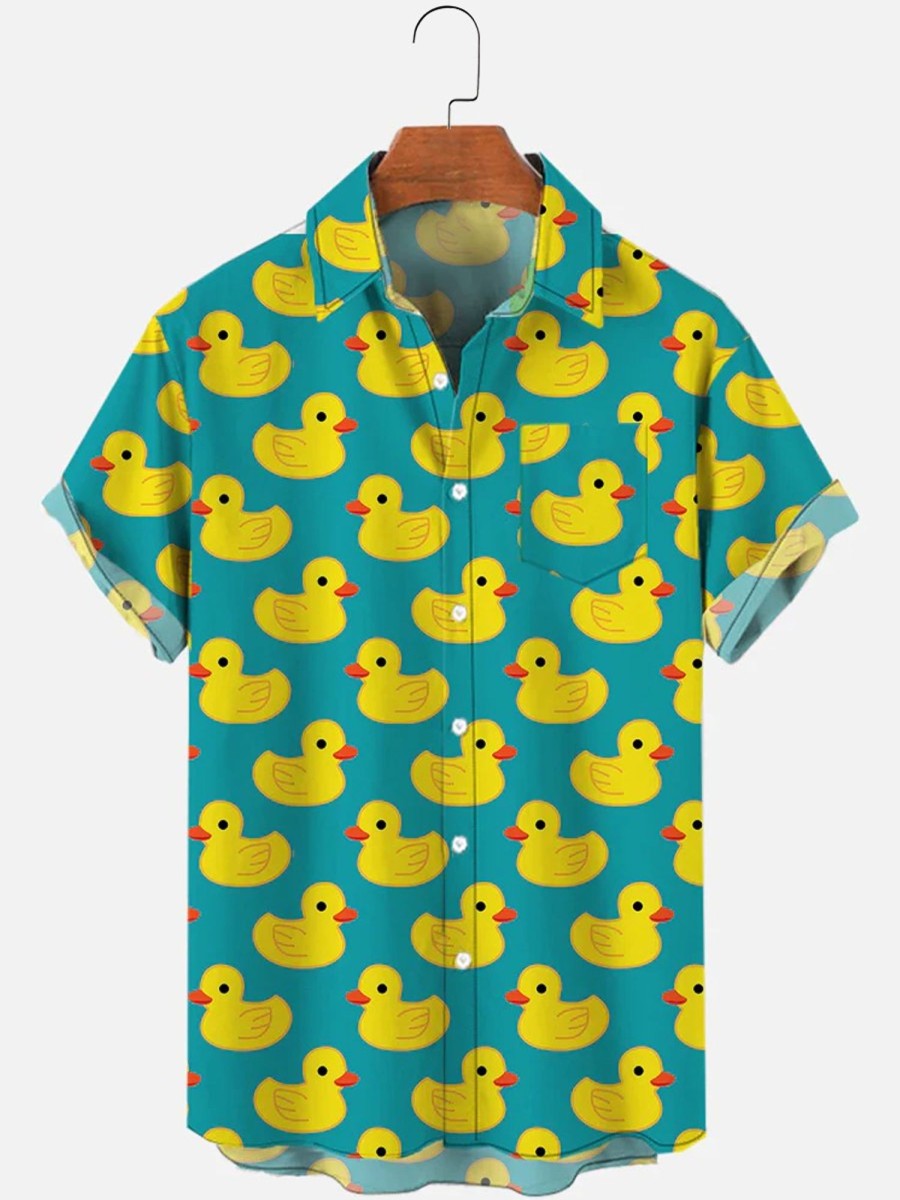 Men HLJ Shirts | Hawaiian Duck Print Breast Pocket Short Sleeve Shirt Blue