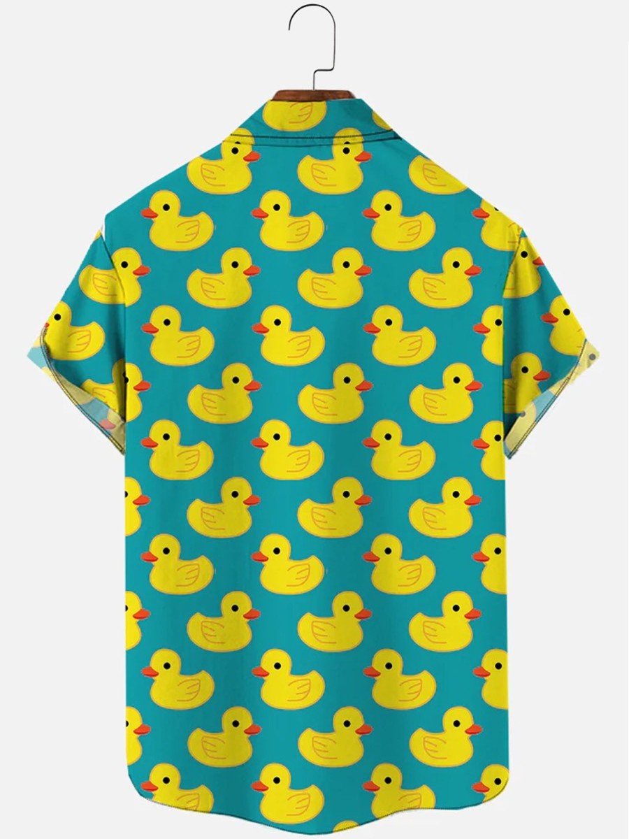 Men HLJ Shirts | Hawaiian Duck Print Breast Pocket Short Sleeve Shirt Blue