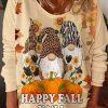 Women DJ | Harvest Autumn Gnome Pumpkin Print Long Sleeve T-Shirt Light-Yellow