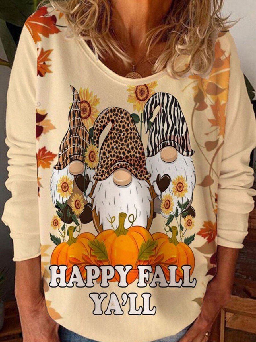 Women DJ | Harvest Autumn Gnome Pumpkin Print Long Sleeve T-Shirt Light-Yellow