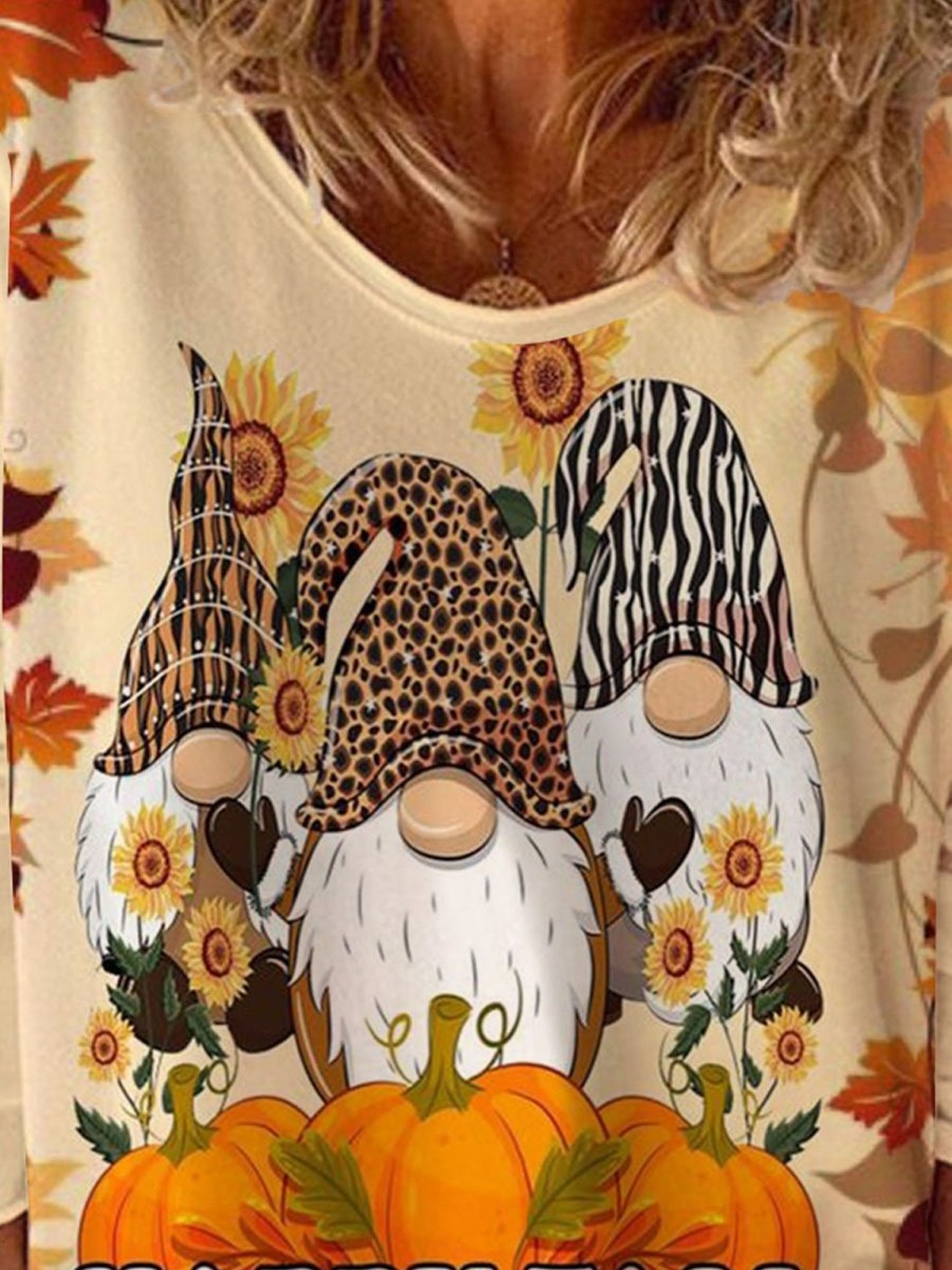 Women DJ | Harvest Autumn Gnome Pumpkin Print Long Sleeve T-Shirt Light-Yellow