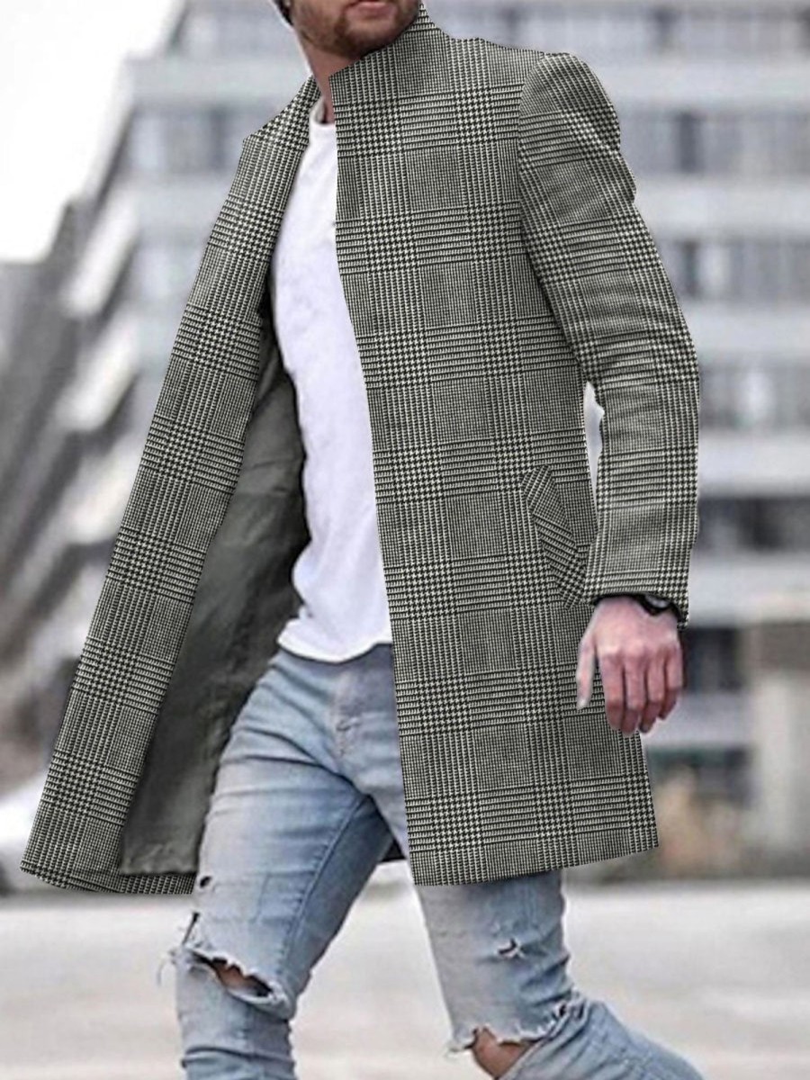 Men DJ Jacket | Classic Check Print Pocket Single-Breasted Stand-Collar Jacket Gray