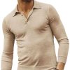 Men BXL Casual Shirts | Men'S Polo Collar Solid Color Casual Long Sleeve T-Shirt Khaki