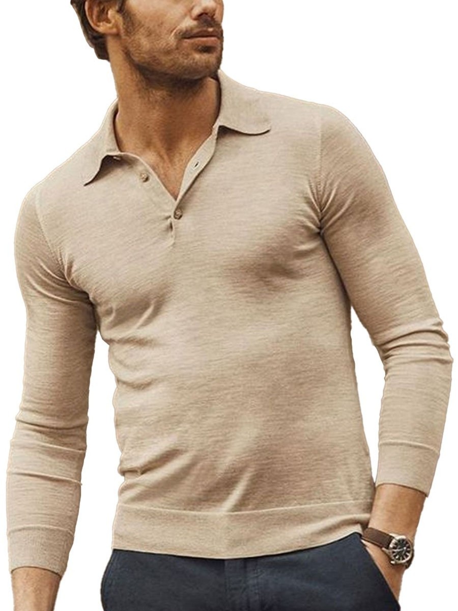 Men BXL Casual Shirts | Men'S Polo Collar Solid Color Casual Long Sleeve T-Shirt Khaki