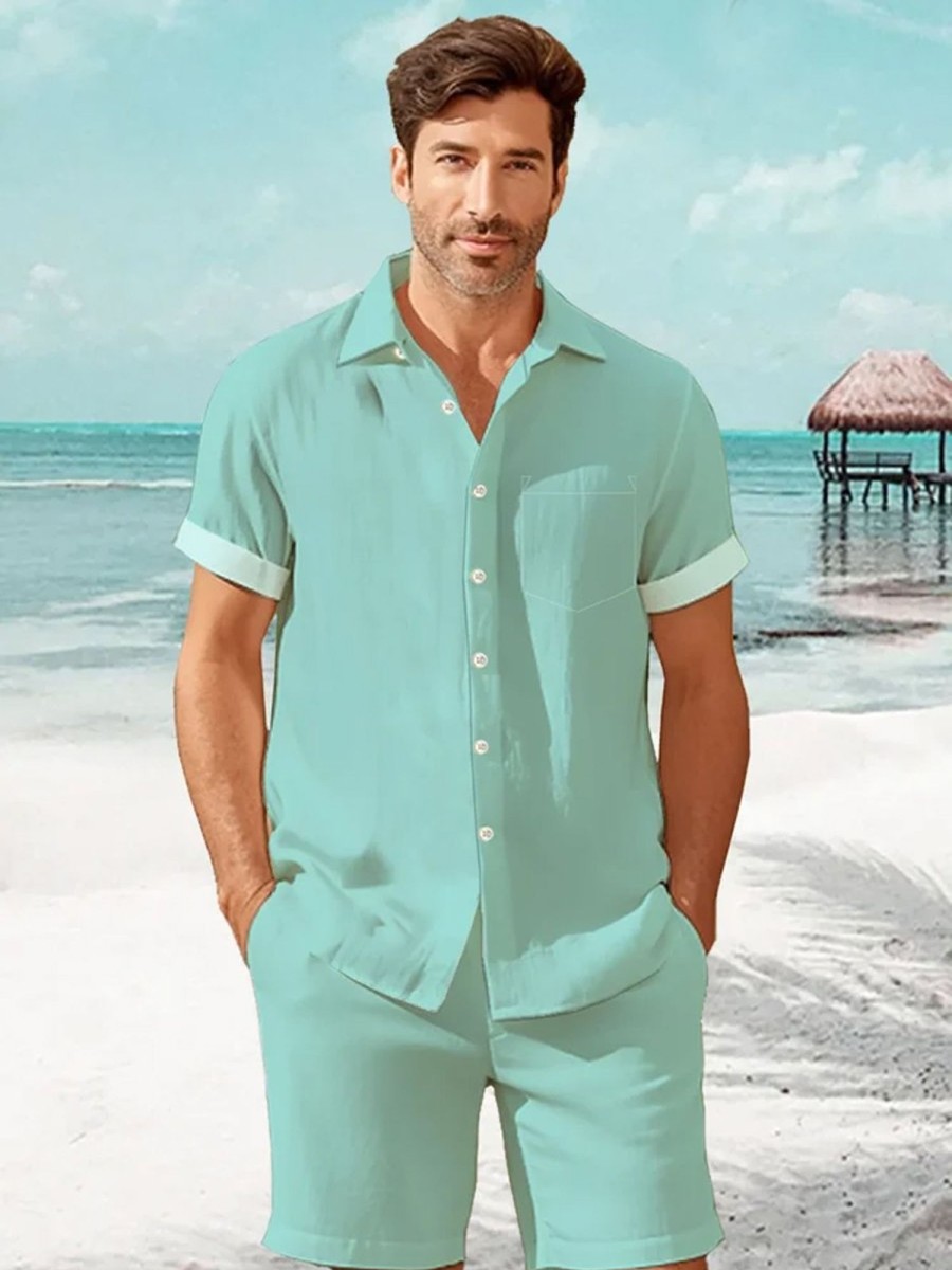 Men DJ Set | Hawaii Basic Plain Fabric Vacation Men'S Casual Button Pocket Two-Piece Set And Shorts Set Green