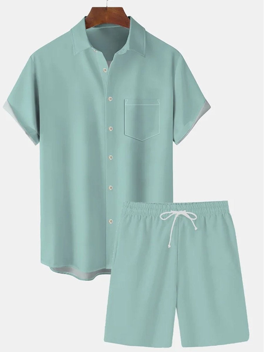 Men DJ Set | Hawaii Basic Plain Fabric Vacation Men'S Casual Button Pocket Two-Piece Set And Shorts Set Green