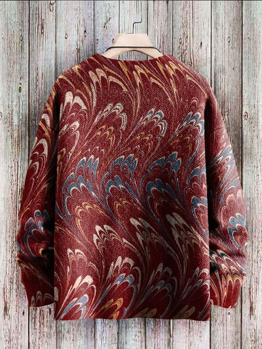 Men BXL Print Sweater | Men'S Casual Round Neck Retro Marble Wave Print Pullover Sweater 17622071Xl Wine Red