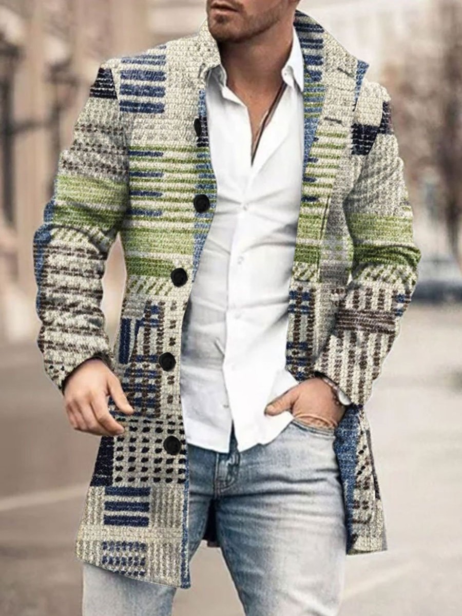 Men BXL Print Jacket | Men'S Casual Button Pockets Geometric Print Wool Stand Collar Coat Photo Color