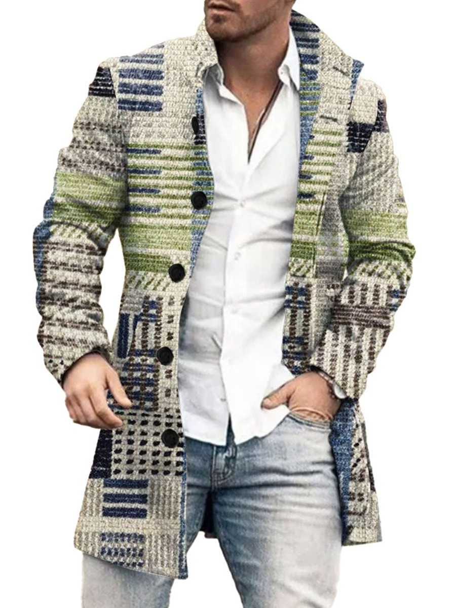 Men BXL Print Jacket | Men'S Casual Button Pockets Geometric Print Wool Stand Collar Coat Photo Color