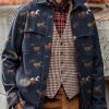 Men DJ Jacket | Vintage Western Denim Print Pocket Lapel Corduroy Casual Jacket Navy