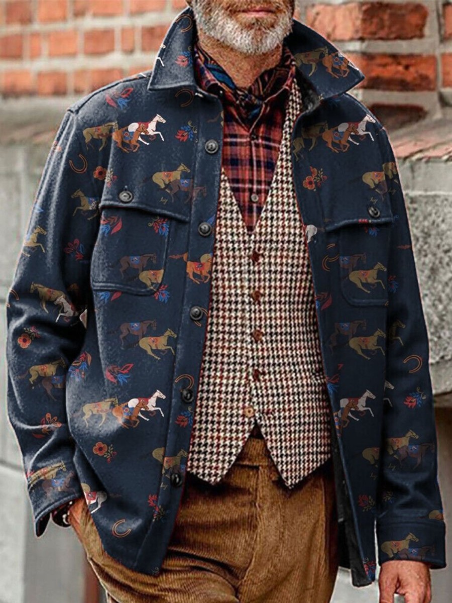 Men DJ Jacket | Vintage Western Denim Print Pocket Lapel Corduroy Casual Jacket Navy