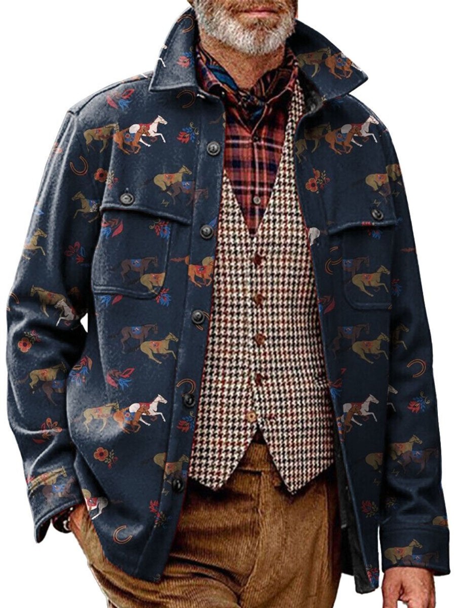 Men DJ Jacket | Vintage Western Denim Print Pocket Lapel Corduroy Casual Jacket Navy