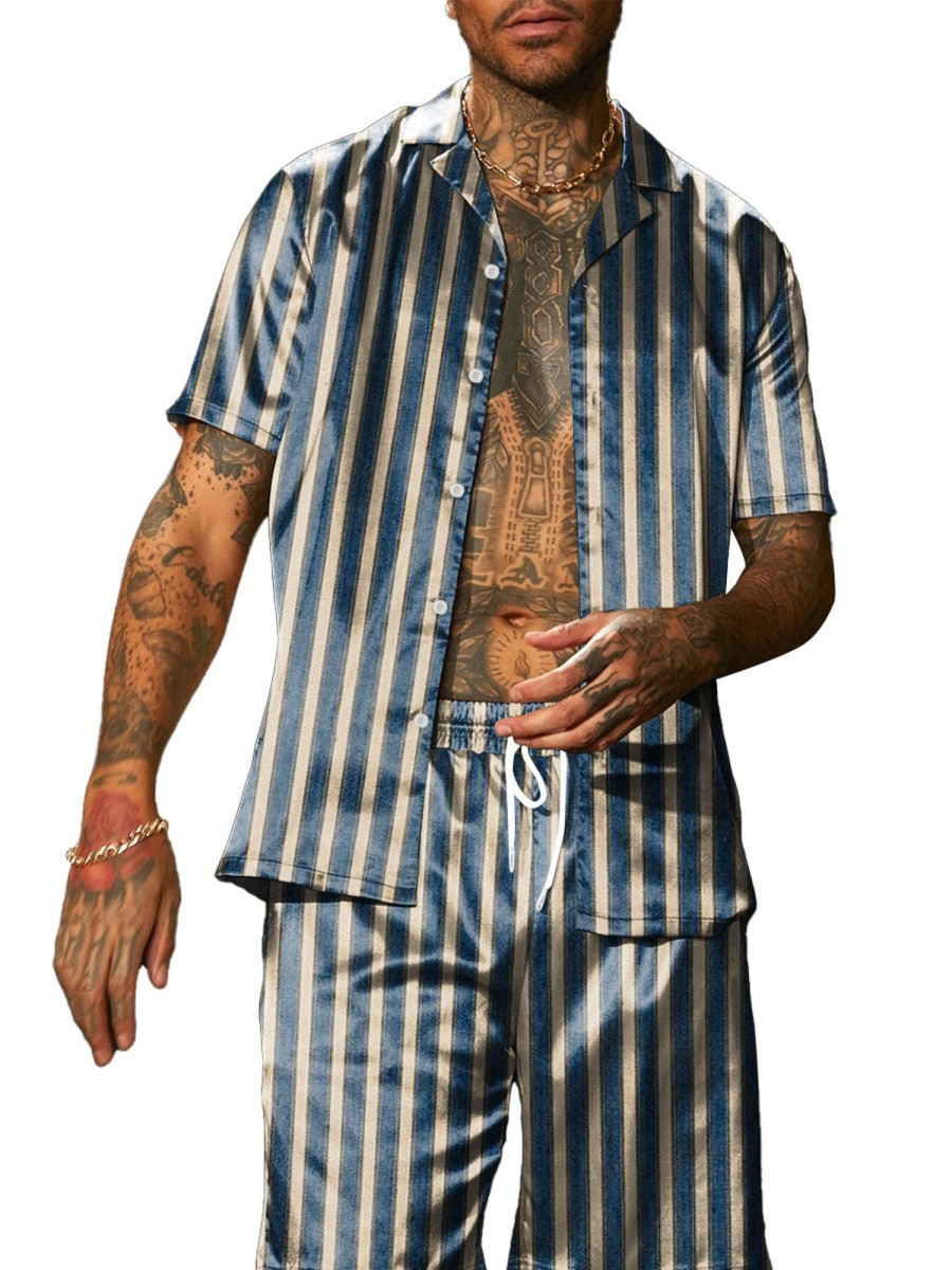 Men DJ Set | Vintage Striped Print Short-Sleeved Shirt And Shorts Two-Piece Set Navy